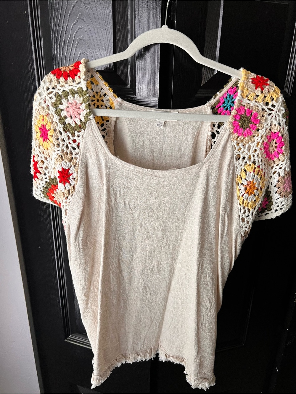 Umgee Cream Tank Top with Multicolor Crochet Sleeves